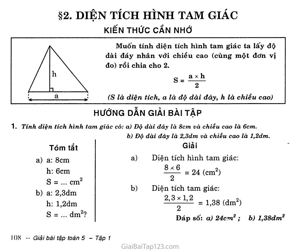 Bài tập hình học Lớp 5: Chu vi tam giác - diện tích tam giác