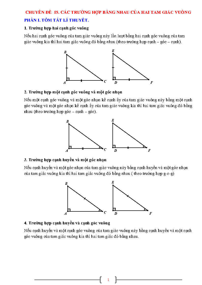 Chuyên đề các trường hợp bằng nhau của tam giác vuông Toán 7