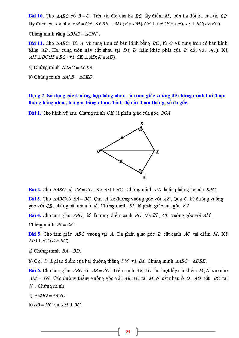  đề các trường hợp bằng nhau của tam giác vuông Toán 7